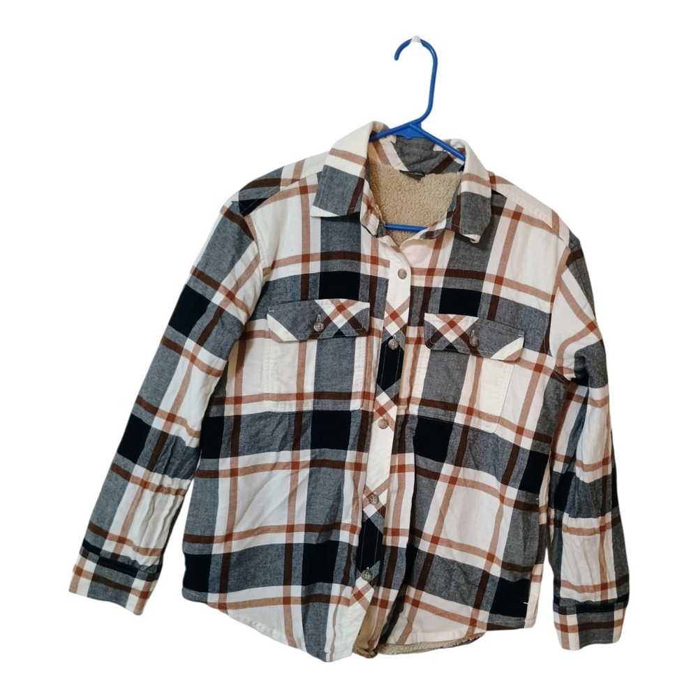 Eddie Bauer Sherpa Lined Flannel Shirt Shacket Women's Med Cream Tan Navy Plaid